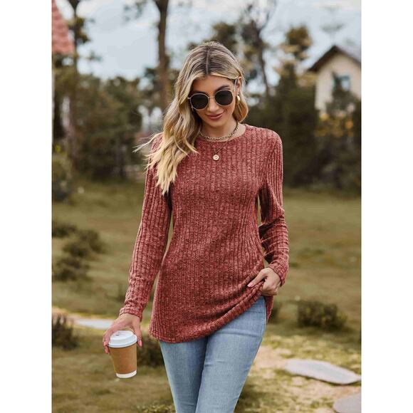Ribbed Round Neck Long Sleeve Tee - Picture 1 of 4